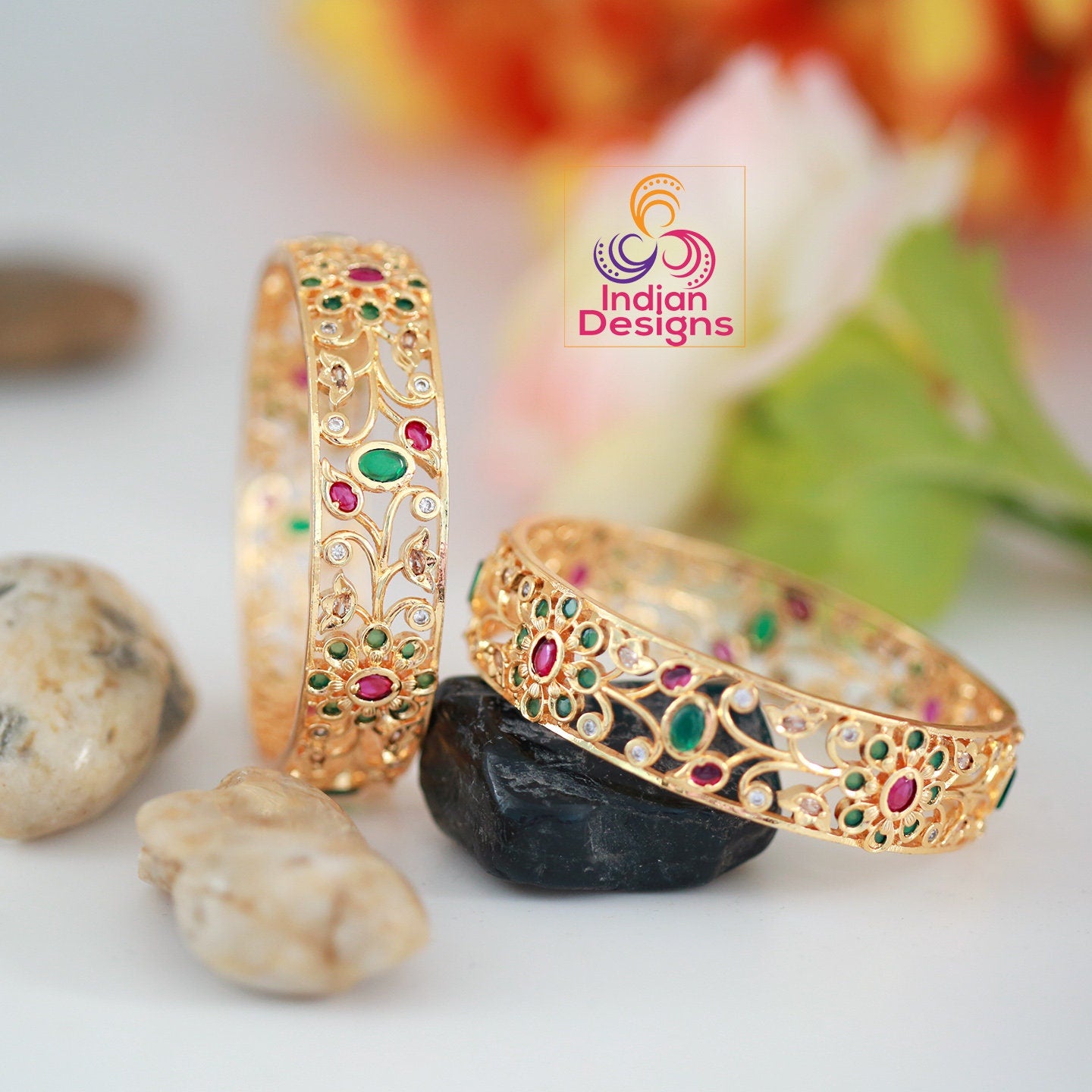 Pair of Gold Kada Bangle Designs With Stones | Ruby Emerald Floral bangles bracelets | Perfect for everyday wear |South Indian Style bangles