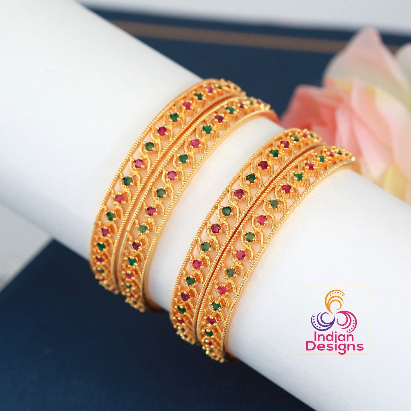 4pcs One gram gold Bridal bangle Set | American diamond Ruby emerald stone gold bangles Indian Designs | South Indian style wedding bangles