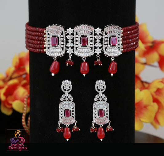 Beaded choker Silver Necklace with American diamond Pendant | Indian Bollywood choker Earring set | Wedding Jewelry necklace Indian Designs
