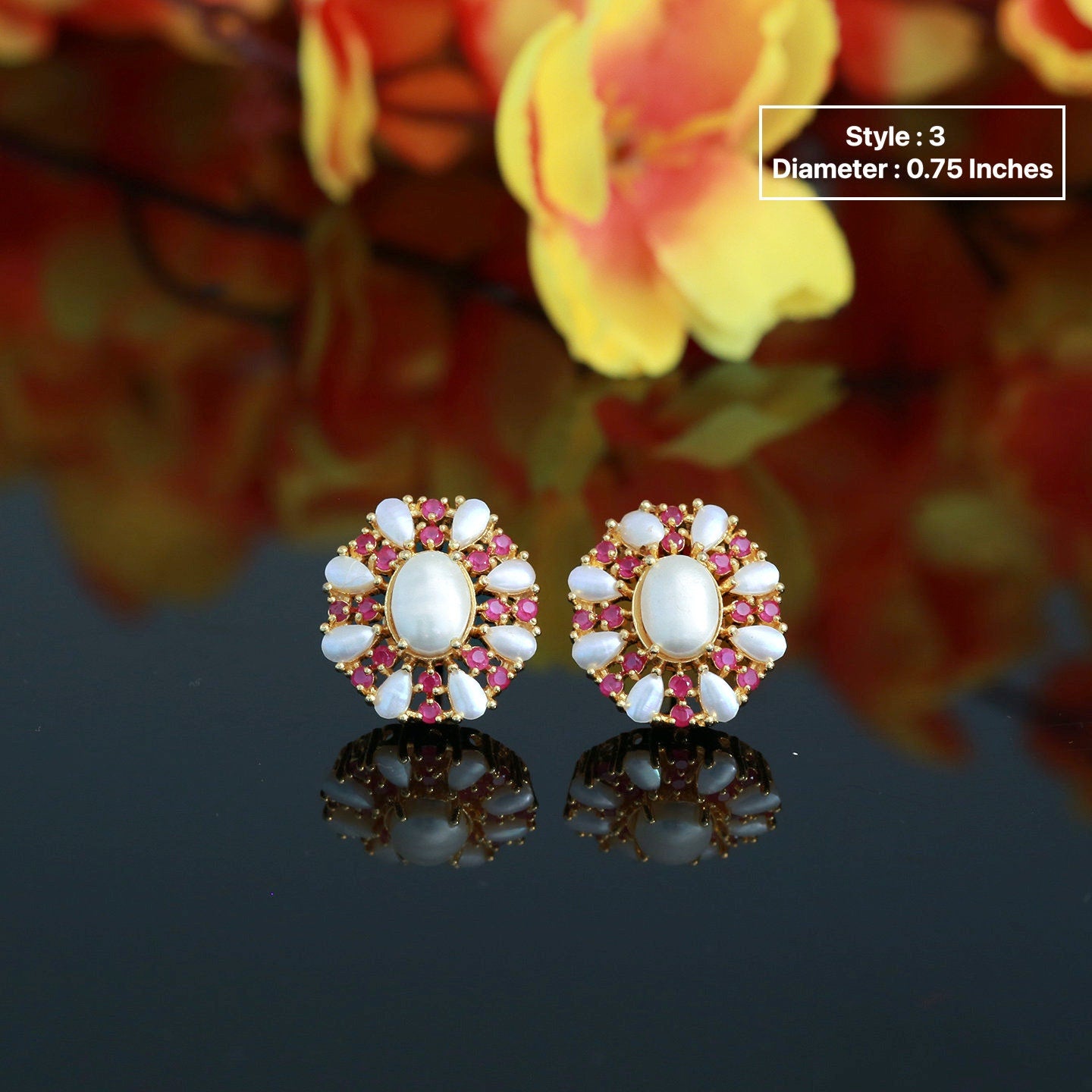 Pearl stud earrings gold with Ruby stones | Small ruby & Pearl earrings studs | Gold pearl flower stud earrings | Fresh water pearl studs