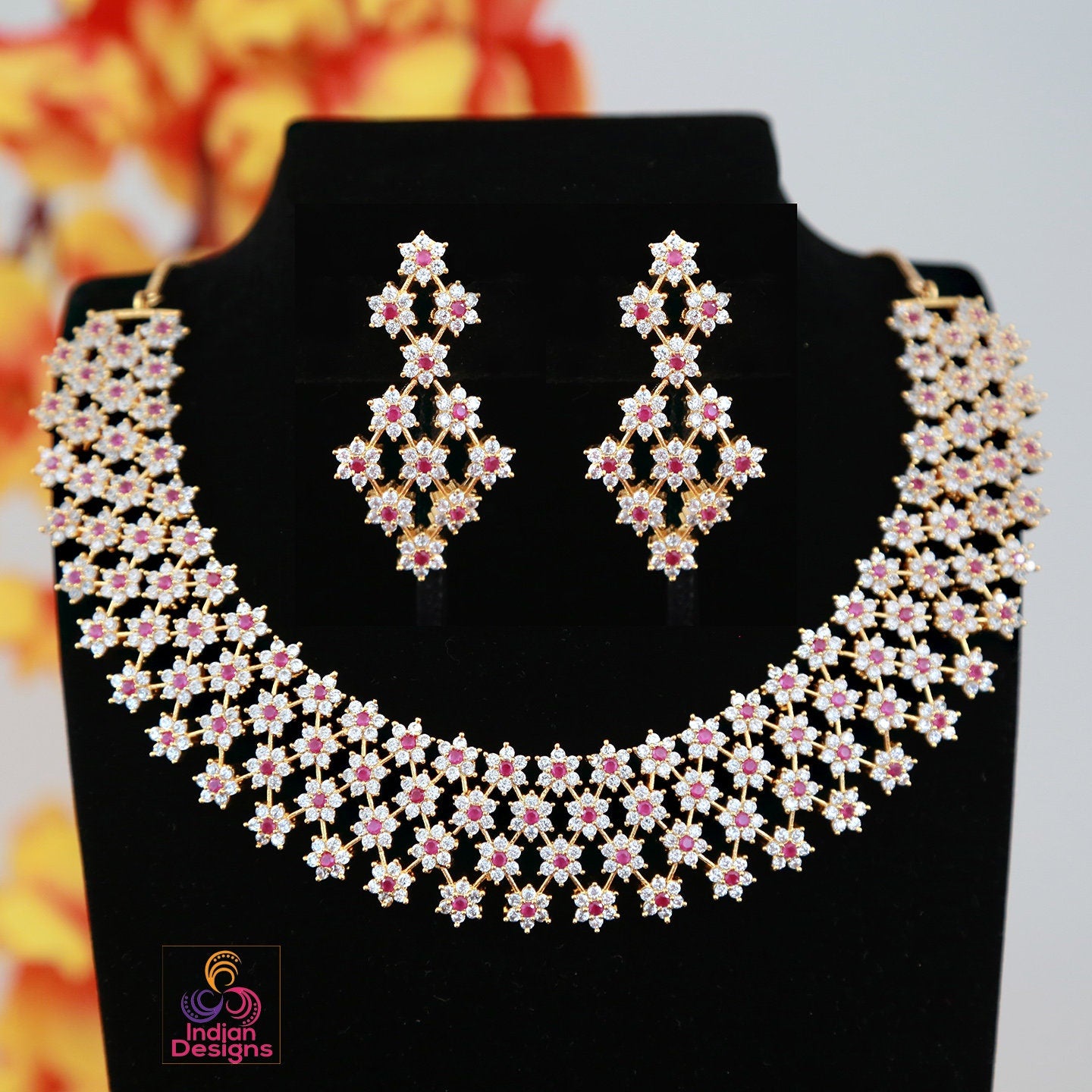 American Diamond Ruby Emerald Crystal star design gold choker necklace | Indian Bollywood Wedding Fashion Jewelry set | Statement Necklace