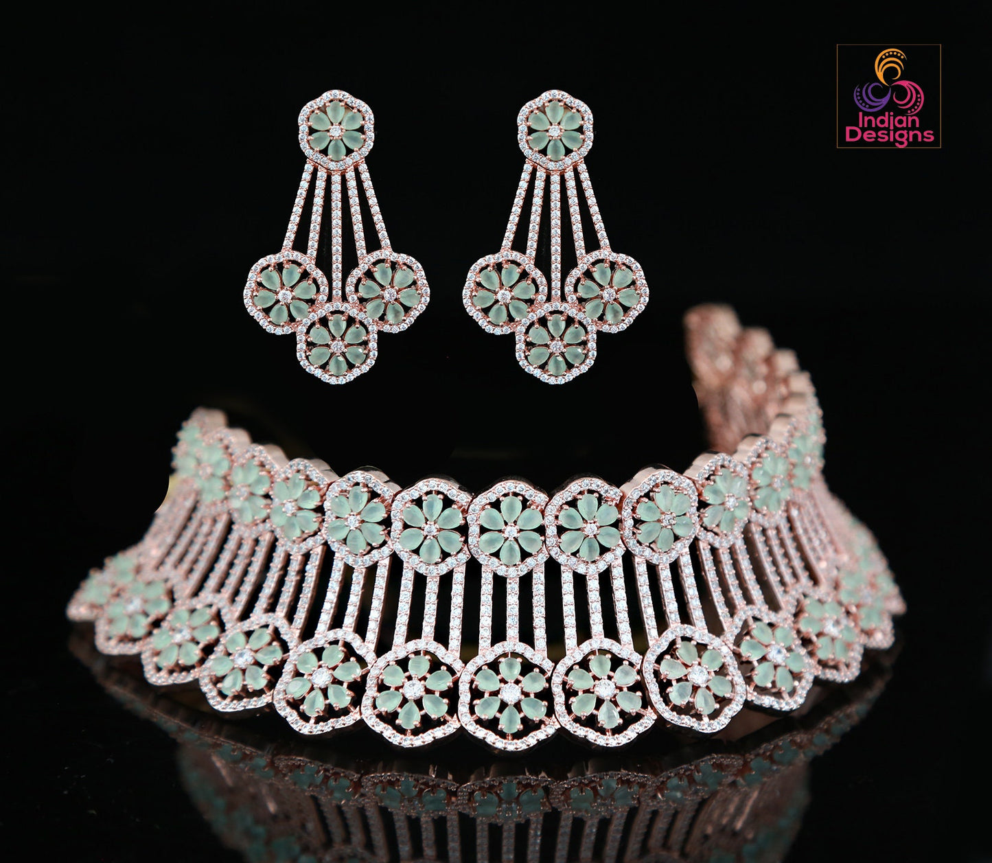 Rose gold Mint Wedding choker set | CZ Diamond Choker | American Diamond Floral necklace earring set | Indian Bollywood Wedding Choker set