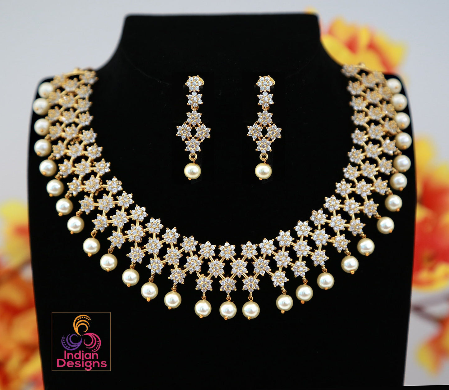 Bridal Choker Flower Gold Plated AD Semi Precious White stone Necklace Set | CZ AD color stone Wedding Jewelry | Bollywood style choker set