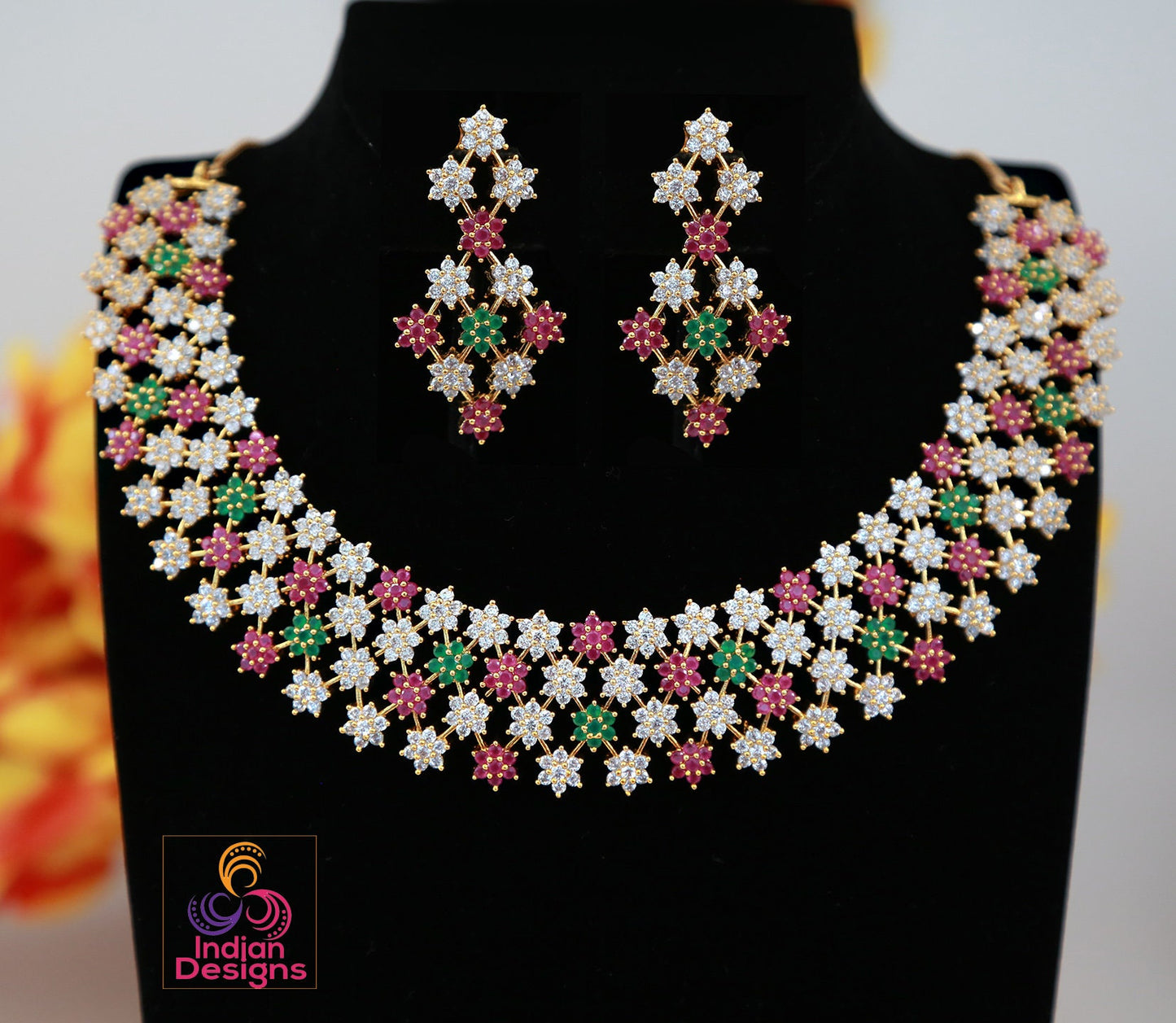 American Diamond Ruby Emerald Crystal star design gold choker necklace | Indian Bollywood Wedding Fashion Jewelry set | Statement Necklace