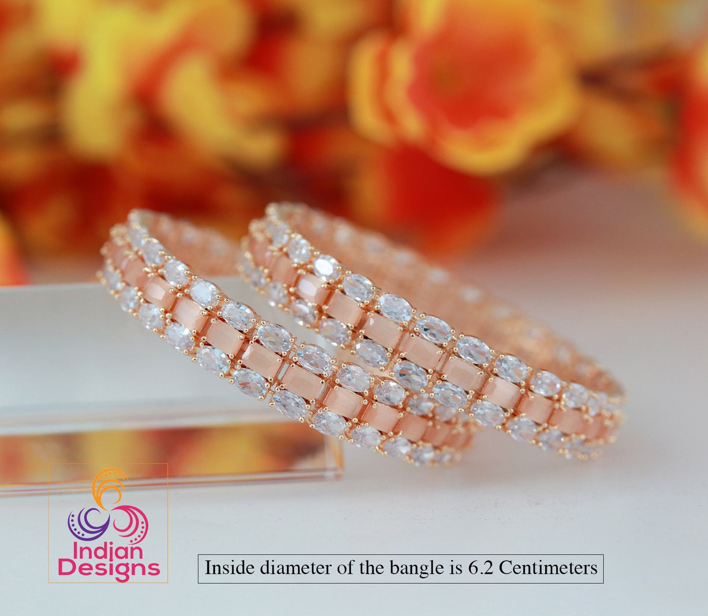 Exceptional Quality Pair of Rose Gold American diamond Bangles 2.8 Size | Crystal bridal bangles | Emerald cut Peach stone Statement Bangles