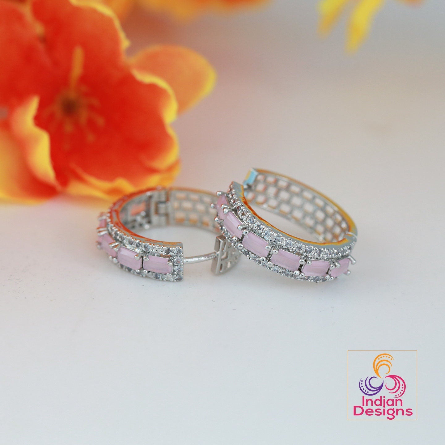 Minimalist CZ diamond Small hoop Earrings | American diamond Silver AD crystal hoop Earrings | Pink stone hoops | Earrings at Indian Designs