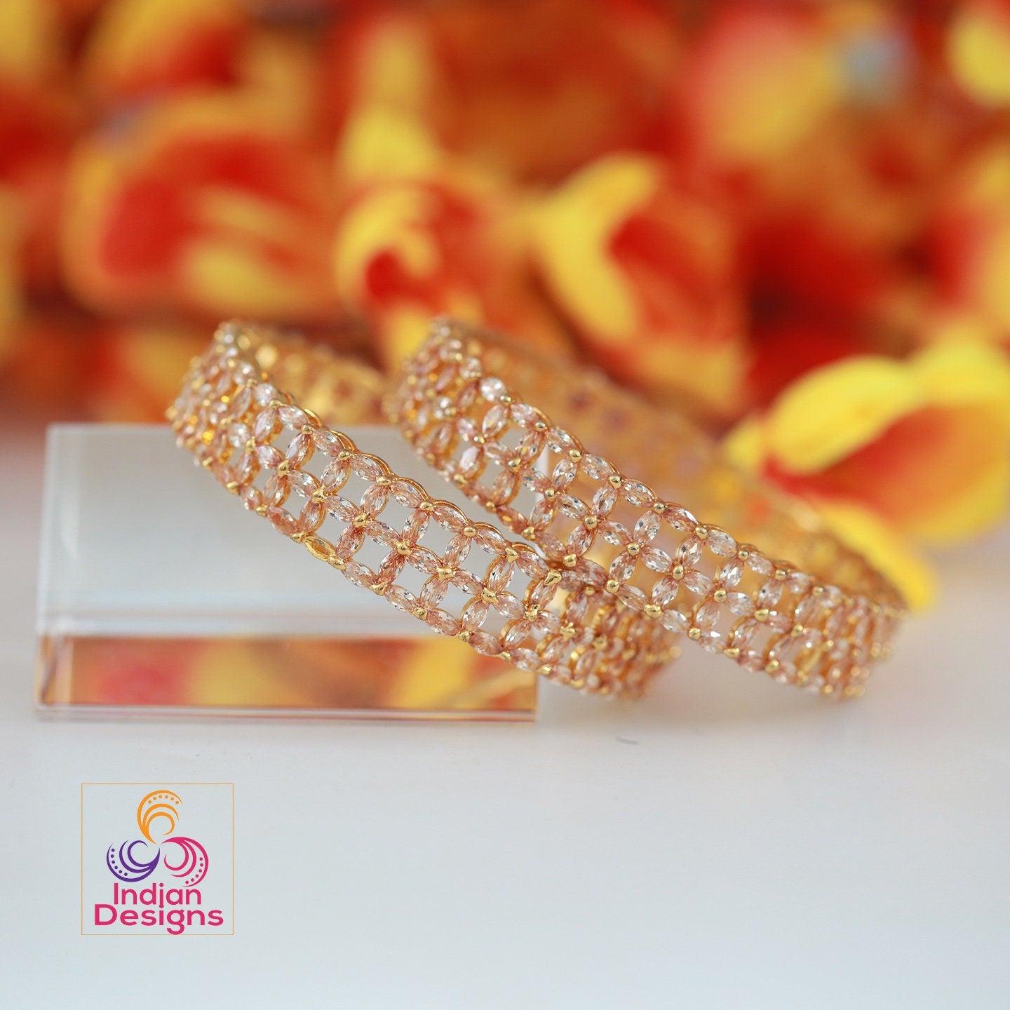 Gold plated Topaz stone Bangles | Floral Design American diamond bracelet and bangles | pair of Bollywood style Bangles from Indian Designs