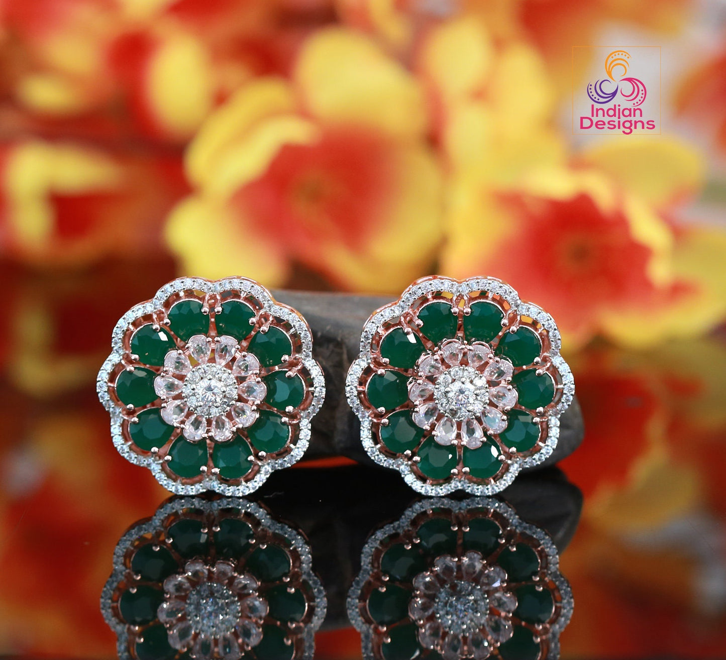 Rose gold large Stud Earrings for Women | Flower stud earrings Indian Designs | Indian Bollywood Party Earrings | Pakistani Stud Earrings