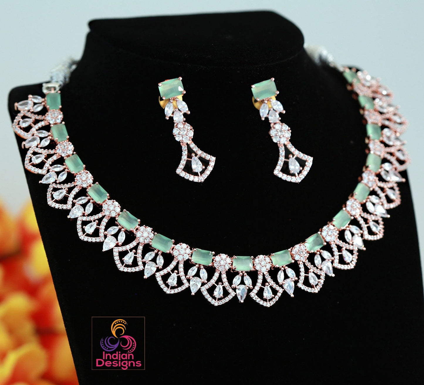 Rose gold American diamond necklace set | Crystal mint green Jewelry | Blue stone bridal wedding necklace | Pink Diamond Statement Necklace