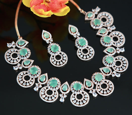 Rose Gold American diamond Mint Green Necklace | Ad bridal Choker earring set Baby pink stones | Pear shape cz stone jewelry Indian Designs