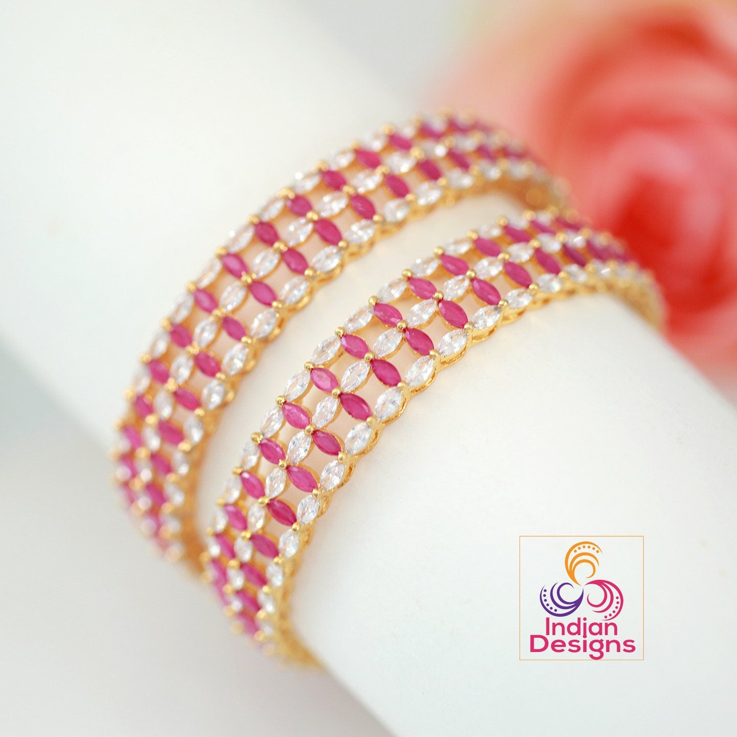22k Gold plated American diamond marquise cut ruby stone bangles | CZ AD Bangle bracelet From Indian Designs | Party wear designer bangles