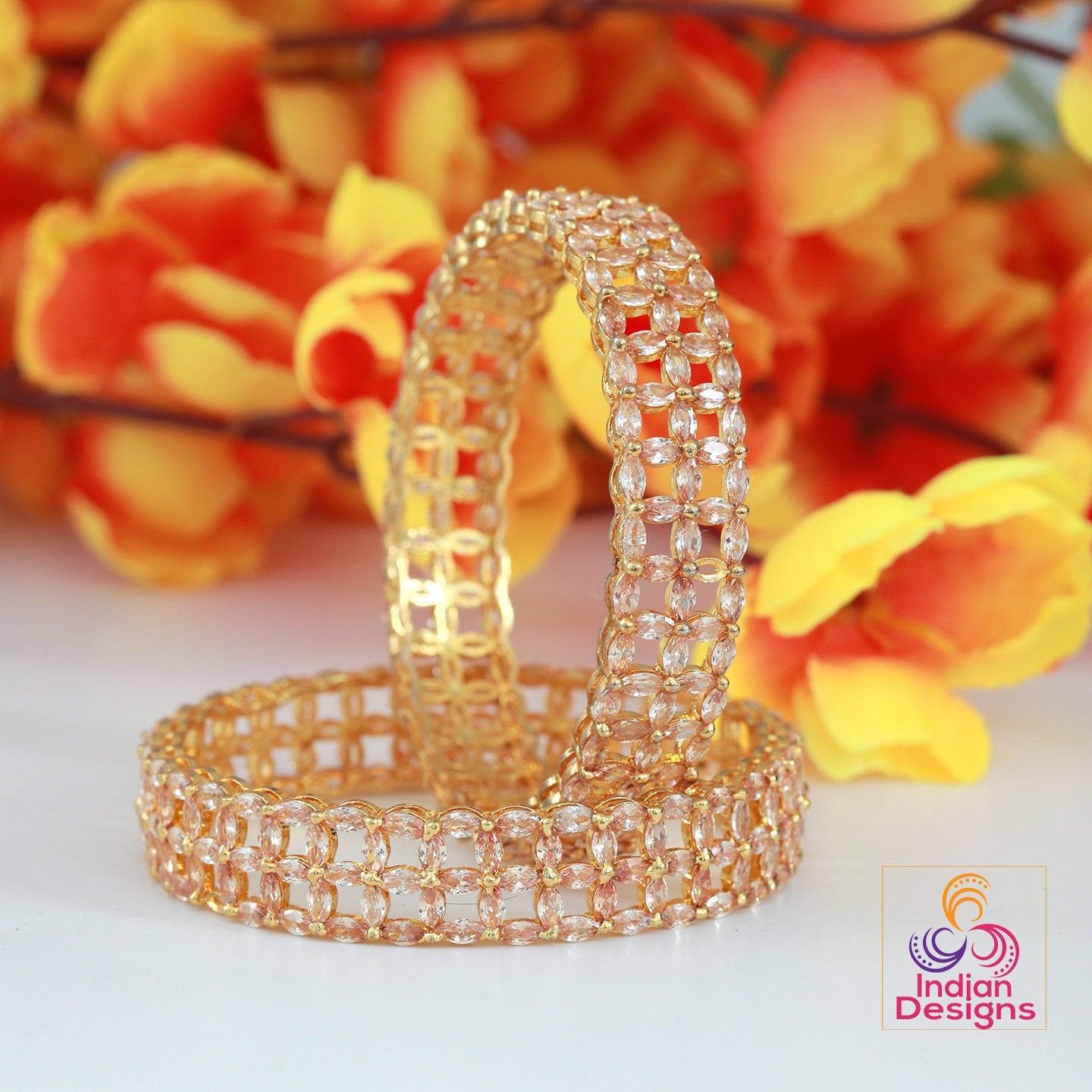 Gold plated Topaz stone Bangles | Floral Design American diamond bracelet and bangles | pair of Bollywood style Bangles from Indian Designs