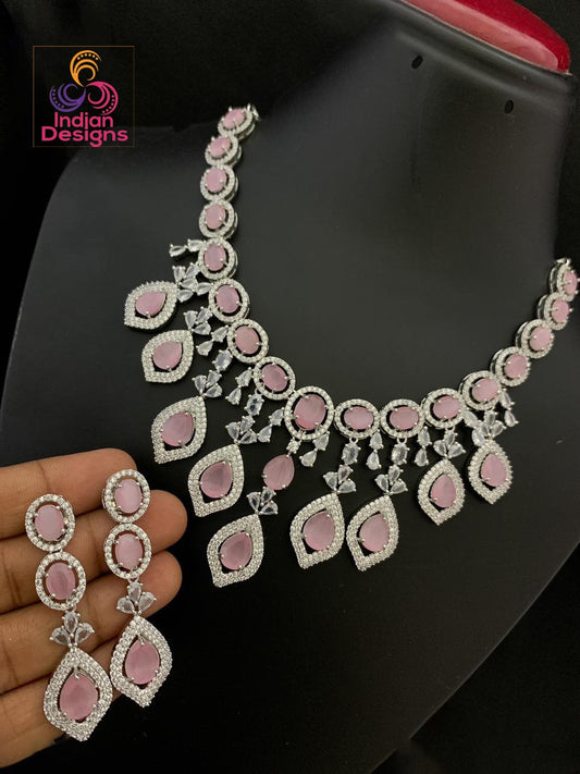 Pink Stone Statement Necklace | Silver Plated American diamond necklace  | Cz ad Indian jewelry sets | Beautiful Pakistani Jewelry designs