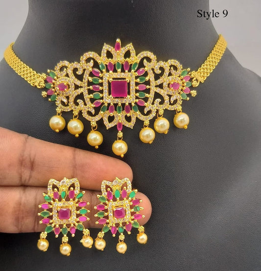 South Indian choker necklace designs | Small gold choker necklace designs with Pearl drops and AD stones | American Diamond Necklace online