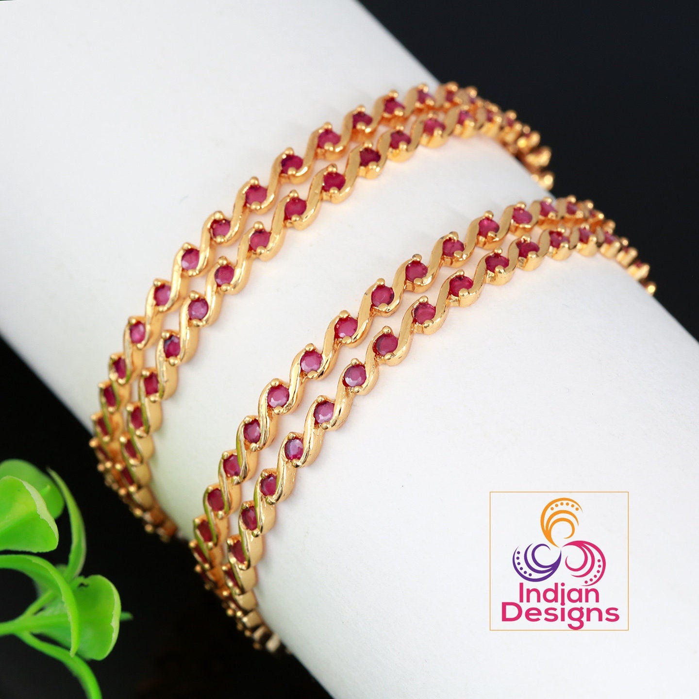 Minimalist Gold bangles design set of 4 | Bangle Size 2.6 One gram gold Indian bangles with ruby and emerald | American diamond bangles set