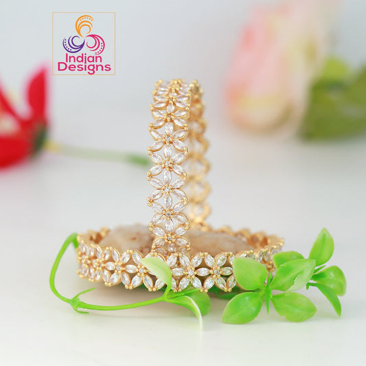 American diamond Gold Plated floral crystal bangles |CZ Stone AD Dimond bangle bracelet|Latest one gram gold Wedding bridal bangles set of 2