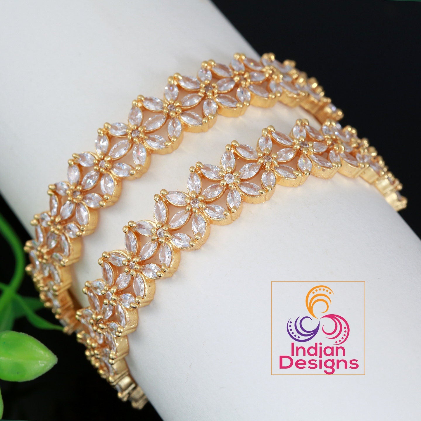 American diamond Gold Plated floral crystal bangles |CZ Stone AD Dimond bangle bracelet|Latest one gram gold Wedding bridal bangles set of 2
