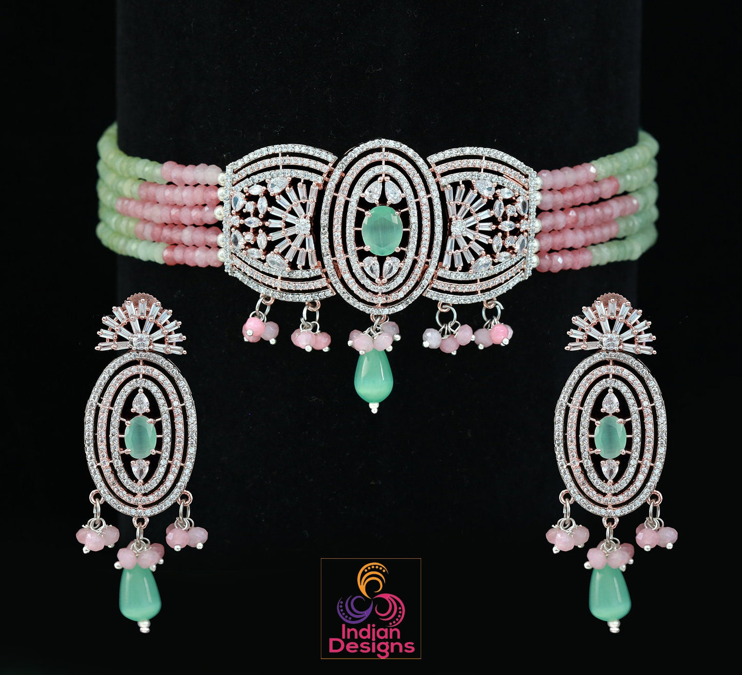 Rose gold American Diamond choker necklace and earring set | CZ choker | Indian Wedding Jewelry | Mint choker Necklace,Pink necklace bridal