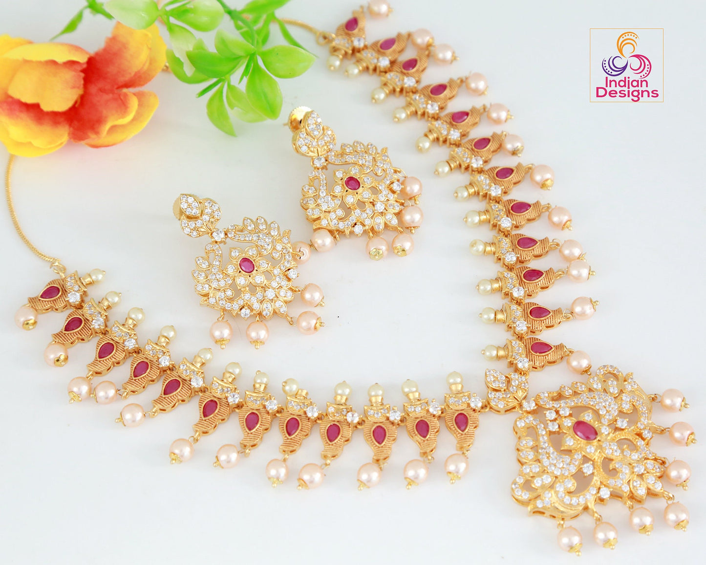 Matte finish gold Plated necklace and earring set, South Indian temple jewelry mango design necklace, ruby emerald necklace with Pearl drops