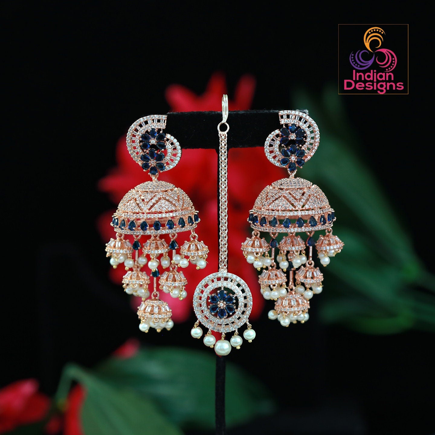 Big Silver-Rose Gold Jhumka Earrings with mangtikka | American Diamond Jhumki | Indian jewelry | Pakistani bridal jhumkas | Pearl jhumkas
