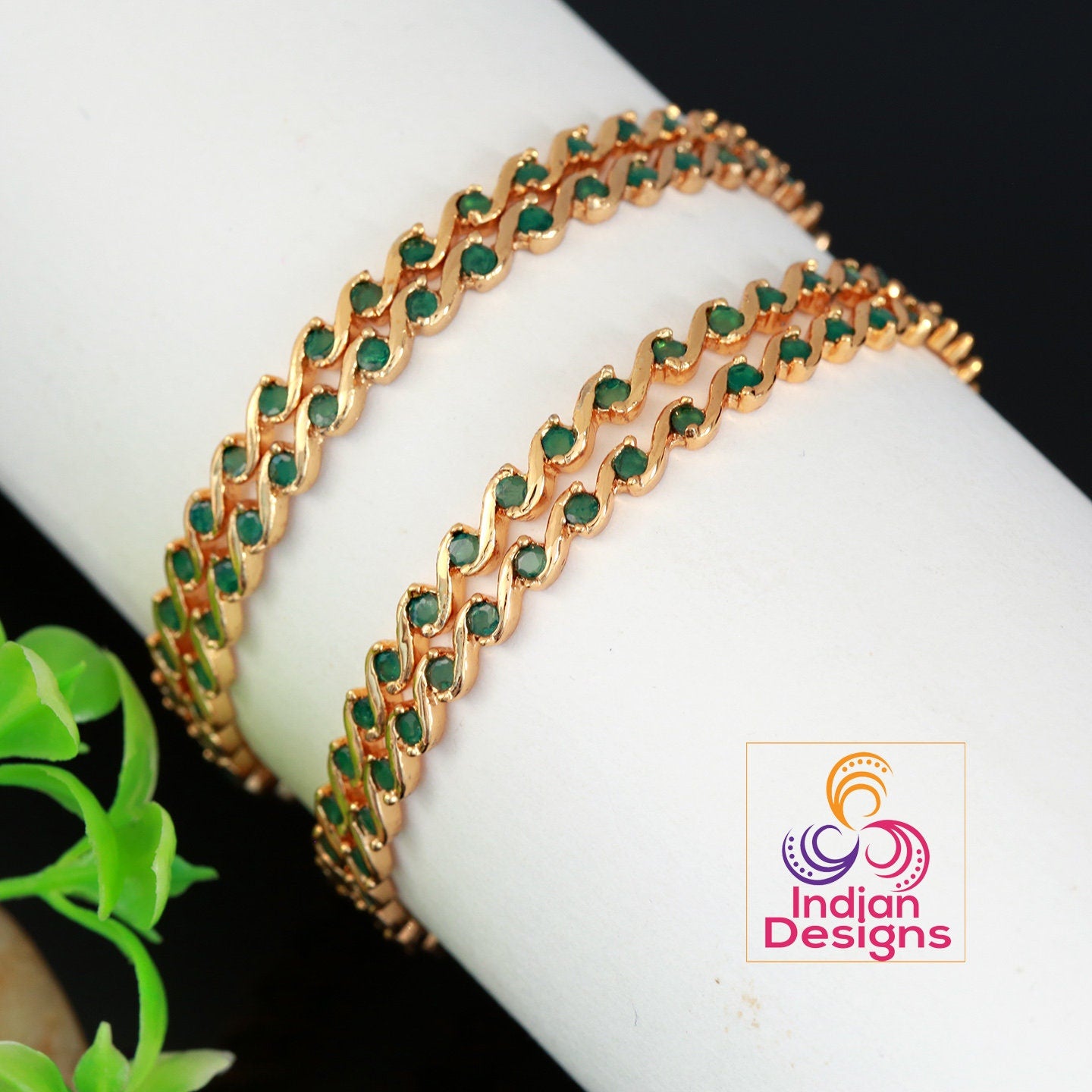 Minimalist Gold bangles design set of 4 | Bangle Size 2.6 One gram gold Indian bangles with ruby and emerald | American diamond bangles set