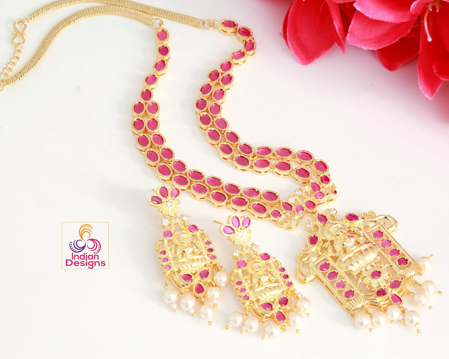 Lakshmi devi necklace designs | Gold necklace designs with ruby and emerald stones with Lakshmi Pendant |Indian Temple jewelry Necklace