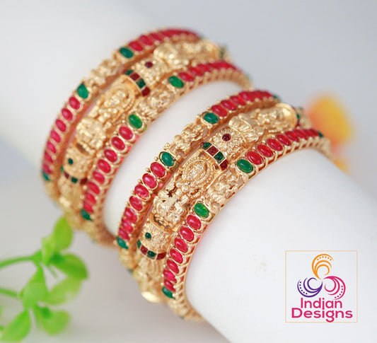 Matte Finish Gold Plated Lakshmi Design Red Green kemp Stones South Indian Bangles | Traditional Temple Jewelry Bangles | Set of 6 Bangles