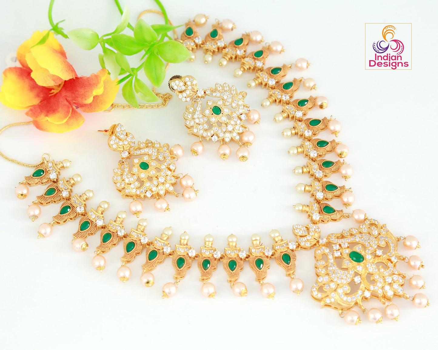 Matte finish gold Plated necklace and earring set, South Indian temple jewelry mango design necklace, ruby emerald necklace with Pearl drops
