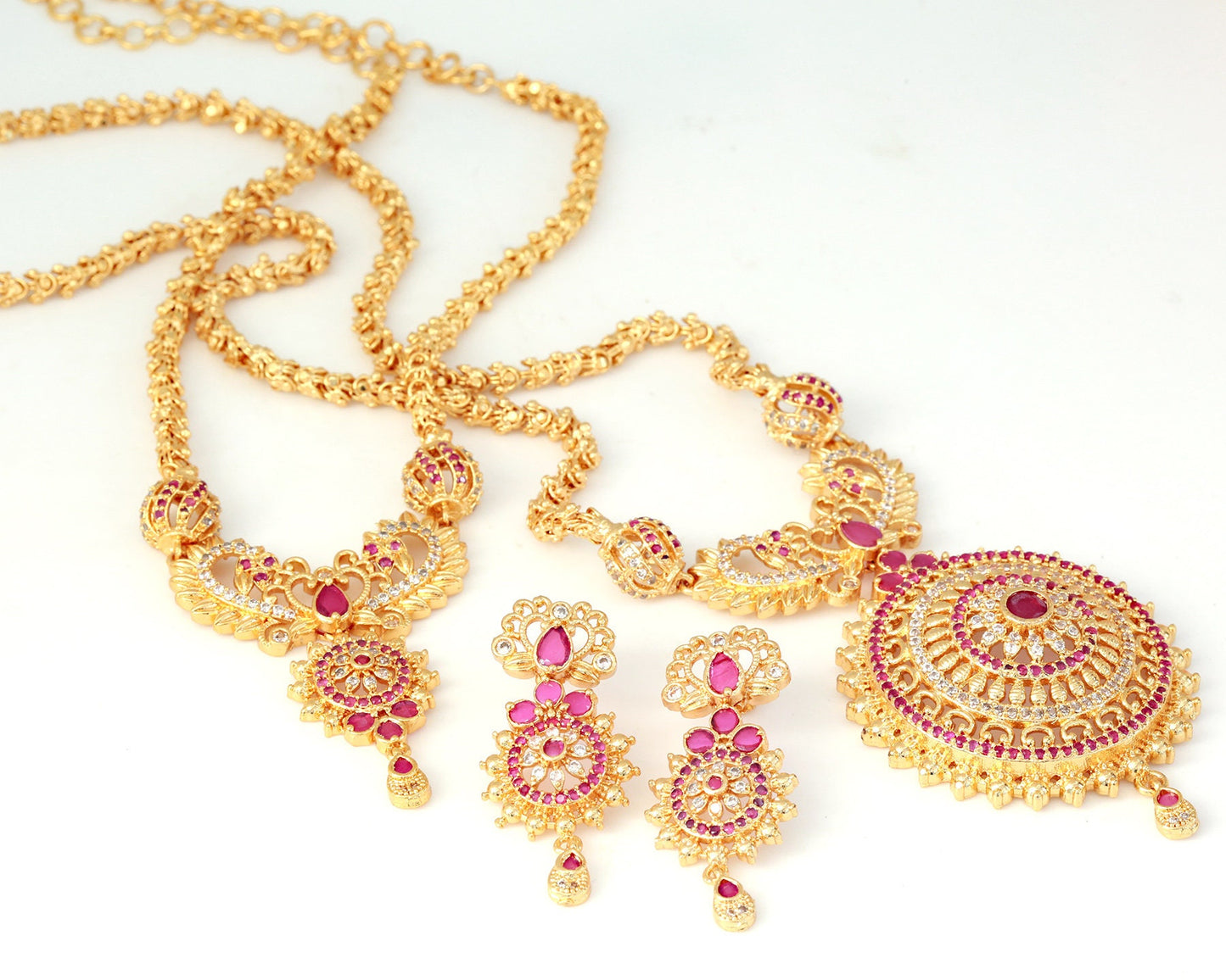 Gold plated Long and Short Necklace Indian Jewelry | CZ AD necklace set with Jhumka earrings | Temple Jewelry for wedding saree and lehenga