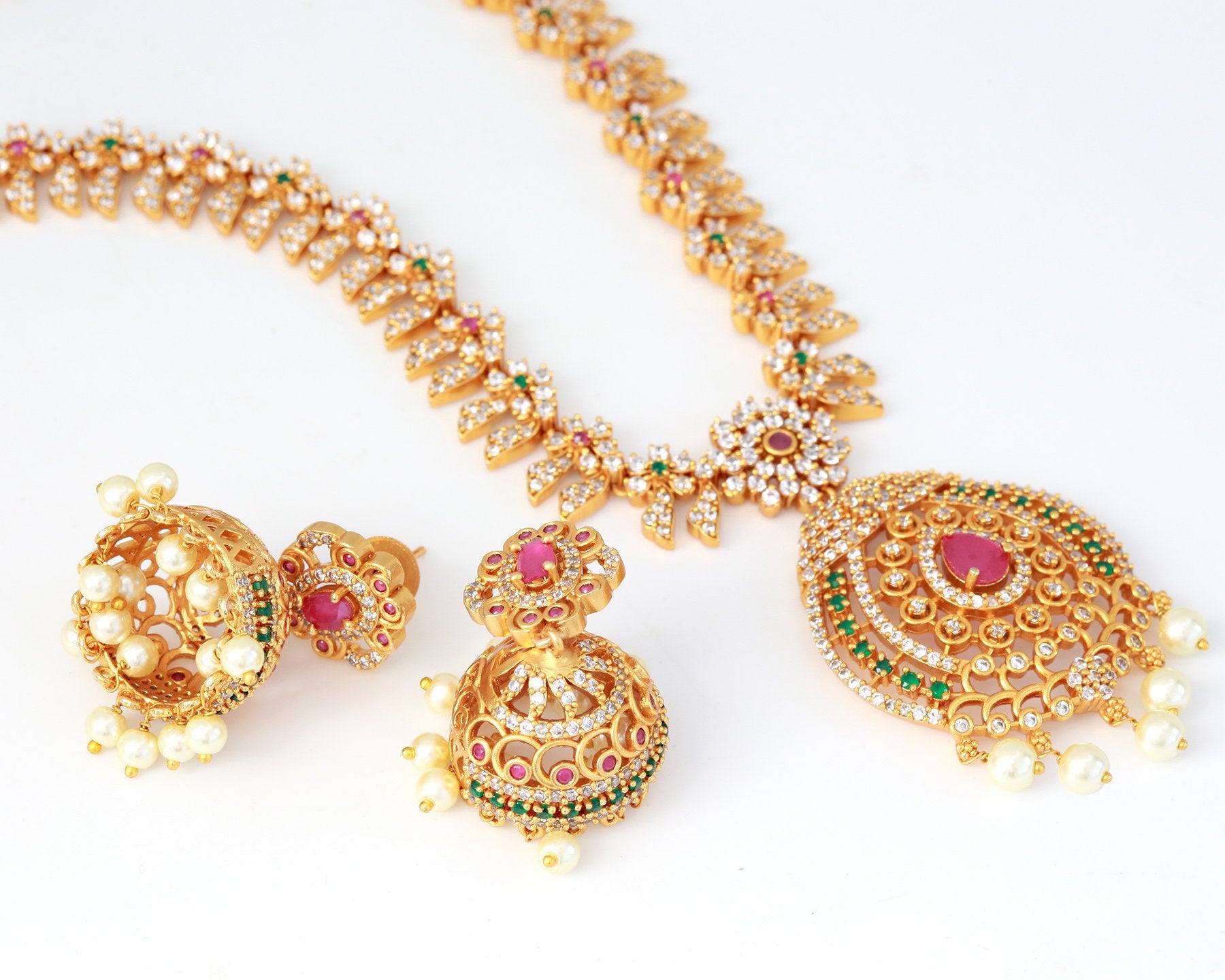 Long Pearl Haram Indian Jewelry | 3 lines-Padakam | Bharatnatyam Kuchi –  Classical Dance Jewelry