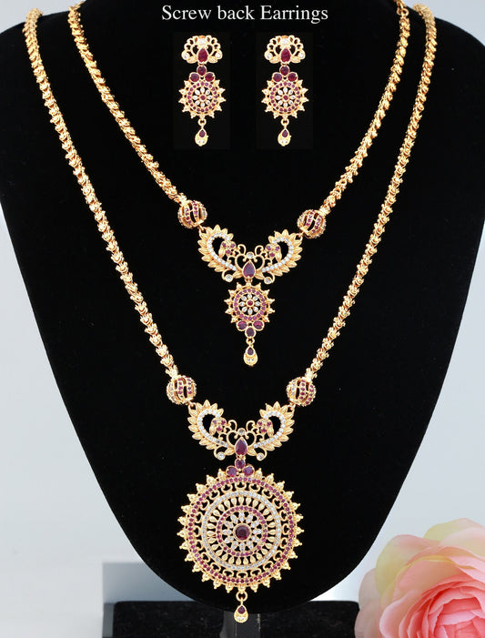 Gold plated Long and Short Necklace Indian Jewelry | CZ AD necklace set with Jhumka earrings | Temple Jewelry for wedding saree and lehenga