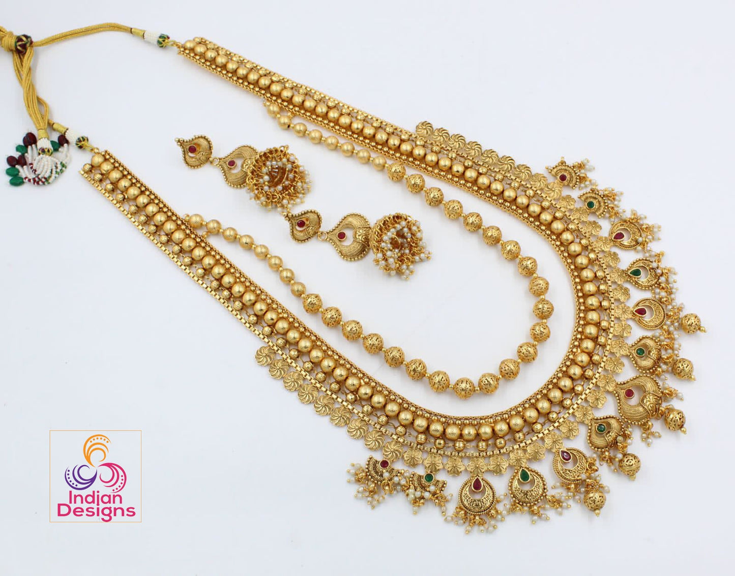 Exclusive Gold plated Long necklace with Jhumka earrings | Indian Designs | South Indian Wedding jewelry