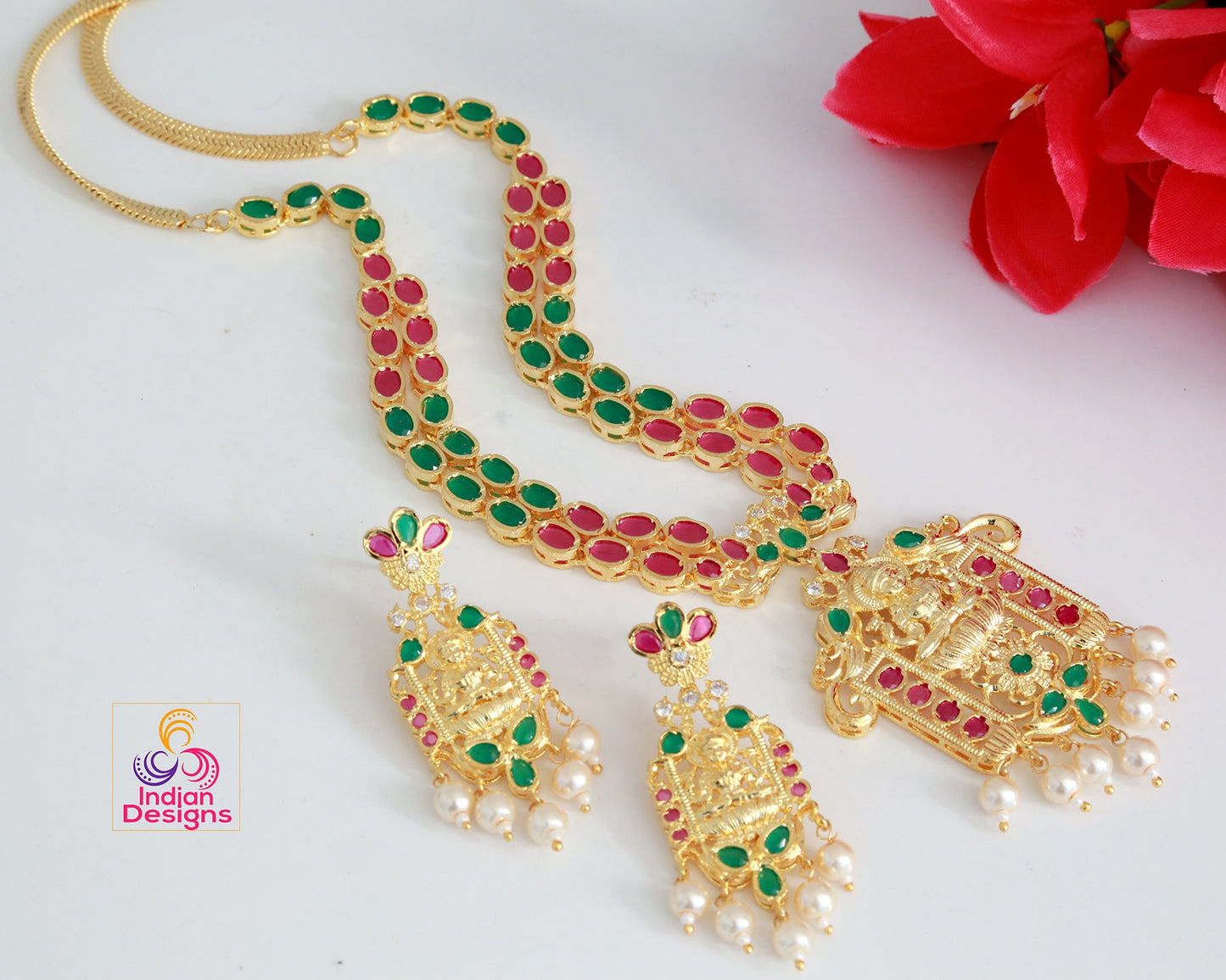 Lakshmi devi necklace designs | Gold necklace designs with ruby and emerald stones with Lakshmi Pendant |Indian Temple jewelry Necklace