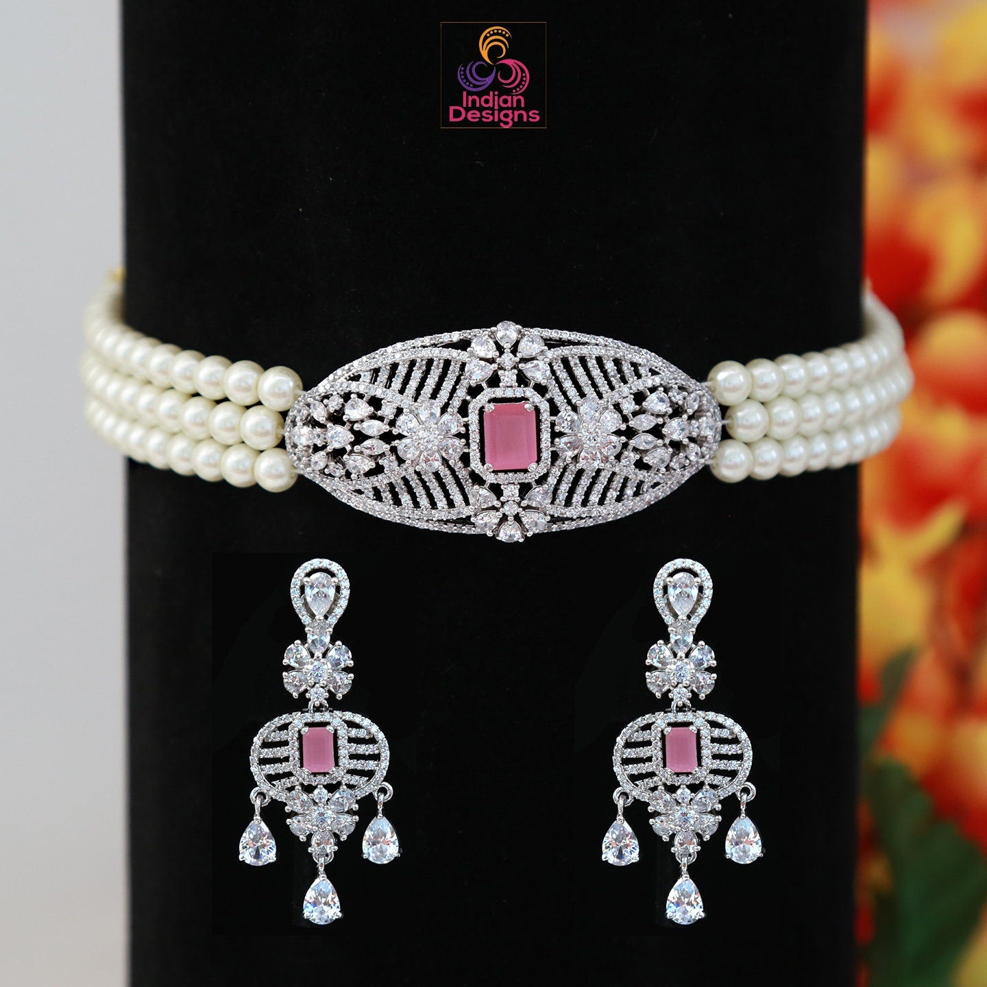 3 Strand pearl choker necklace | Pendant choker necklace | Ad pendant choker diamond necklace | Baby Pink choker set | Mint green choker set