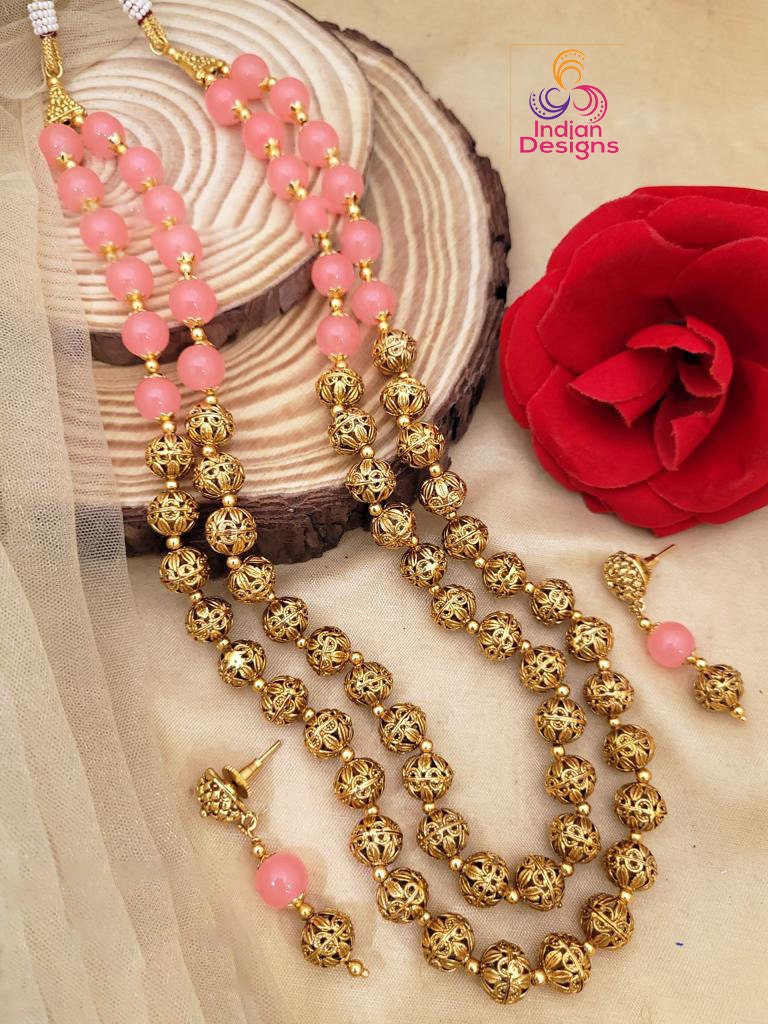 Traditional Handcrafted Golden beads Long matar mala Necklace Earring set | 22 Inch Two layer Gold balls chain mala set |South Indian Jewelry