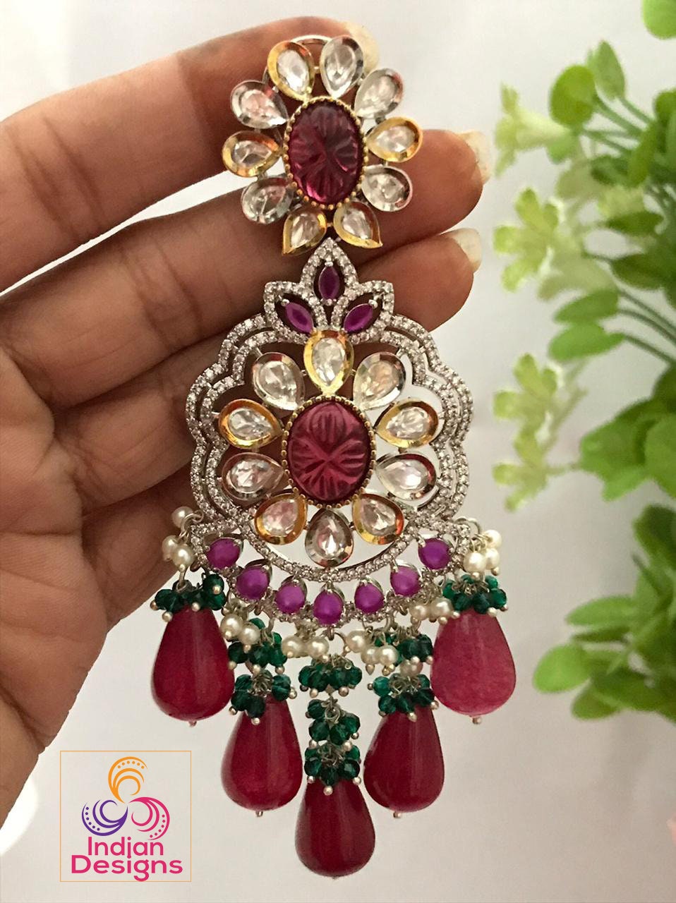 Handmade Real Kundan Wedding Earrings | Bridal Kundan Earring set|American Diamond Large Indian Wedding chandelier earrings|Punjabi Earrings