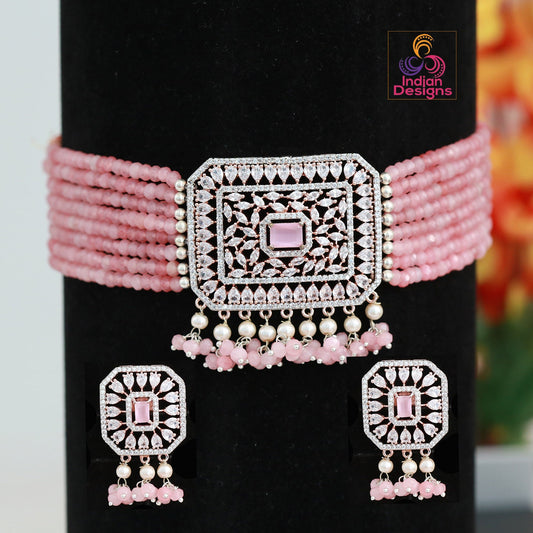 Rose Gold American Diamond choker | Multi strand beaded necklace with Crystal Pendant | CZ choker | Indian Wedding Jewelry | Pink CZ Choker