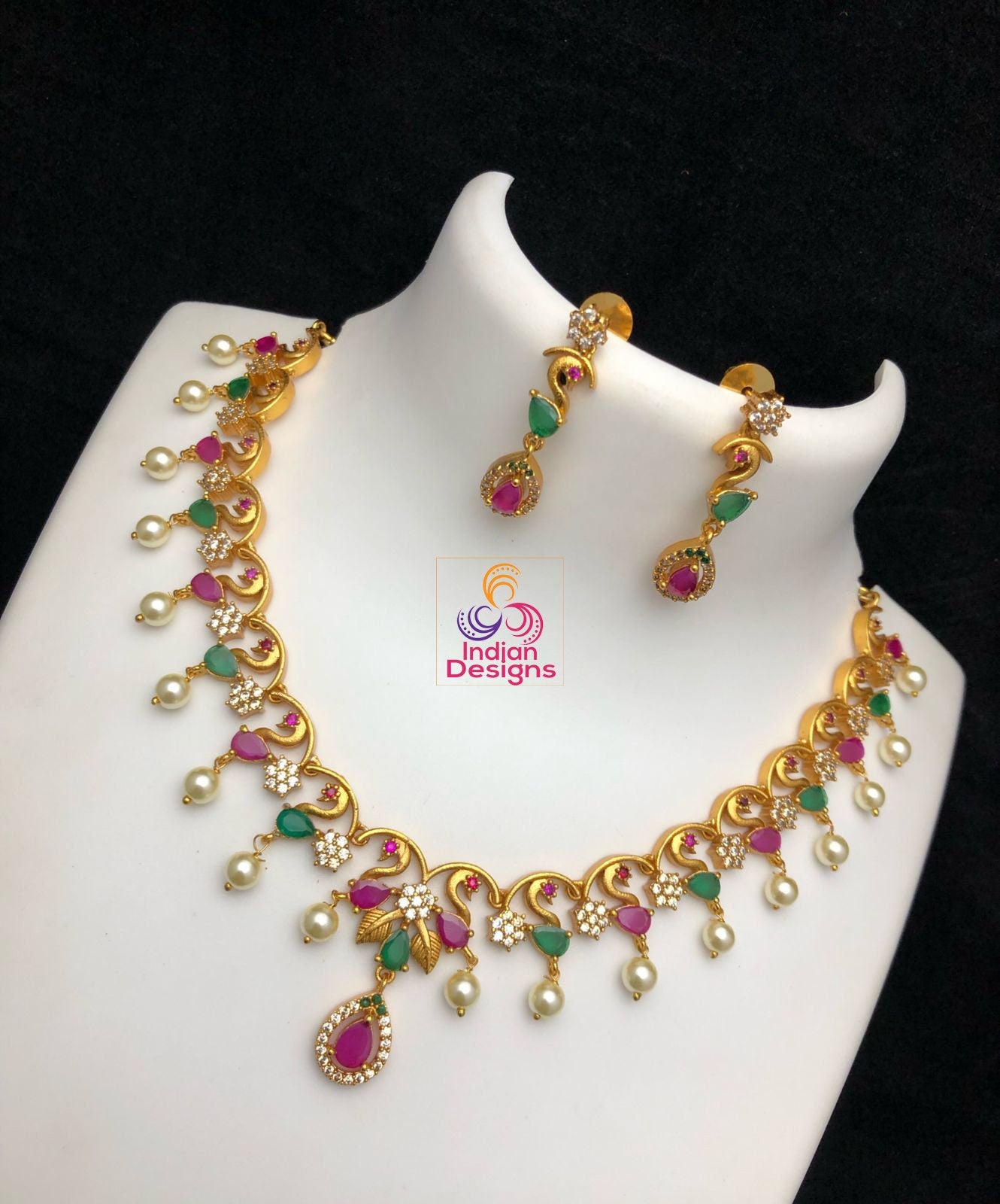 One gram Gold Choker Necklace and Earrings South indian Style Jewelry set | Gold plated Simple choker design With American Diamond stones