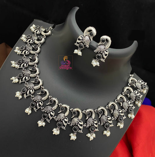 Oxidized Silver choker Necklace Earrings | Antique German Silver Jewelry set | Trendy Bollywood fashion Oxidized choker set | Indian Designs