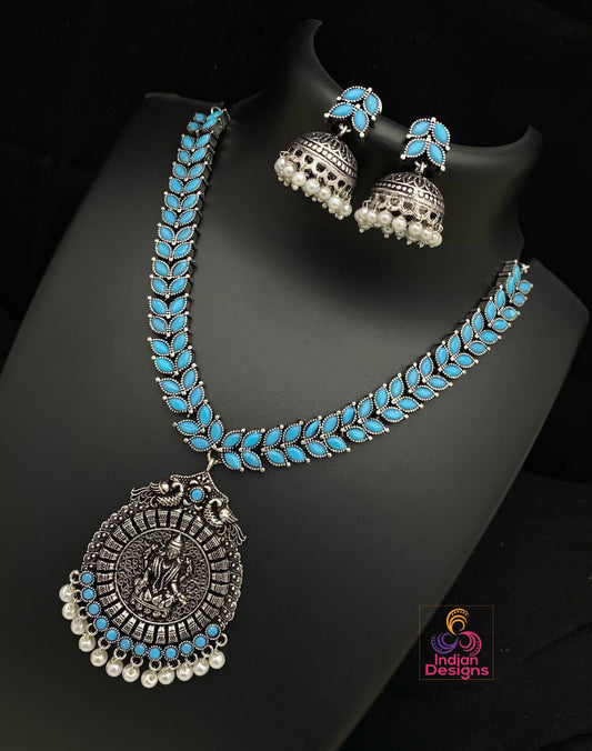 Sky Blue stones Oxidized Silver Necklace and Jhumka set with Lakshmi Pendant | Traditional German Silver oxidized Green stone necklace set