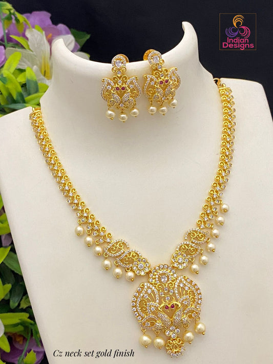 Unique Design American Diamond Necklace set | Gold plated Emerald Ruby AD Necklace with Pearl Hangings | South Indian Style Wedding jewelry