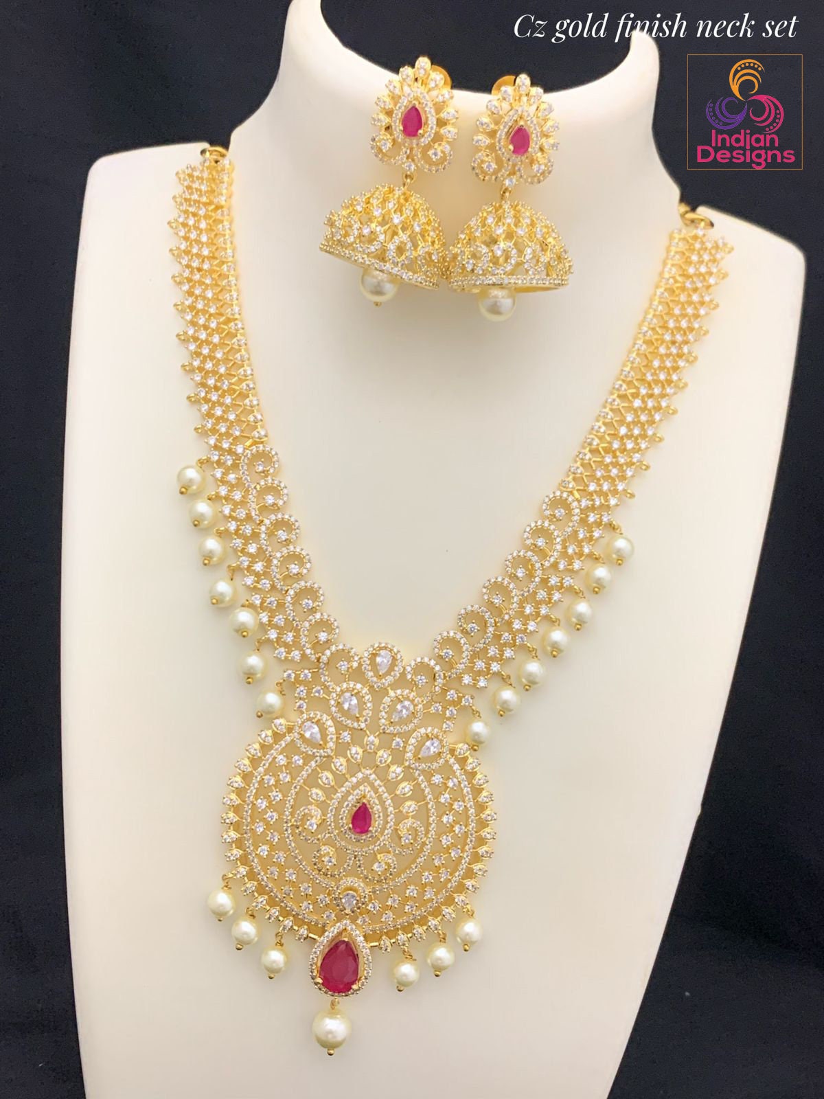 Unique Design American Diamond Necklace set | Gold plated Ruby AD Necklace with Pearl - Jhumka Earrings | South Indian Style Wedding jewelry