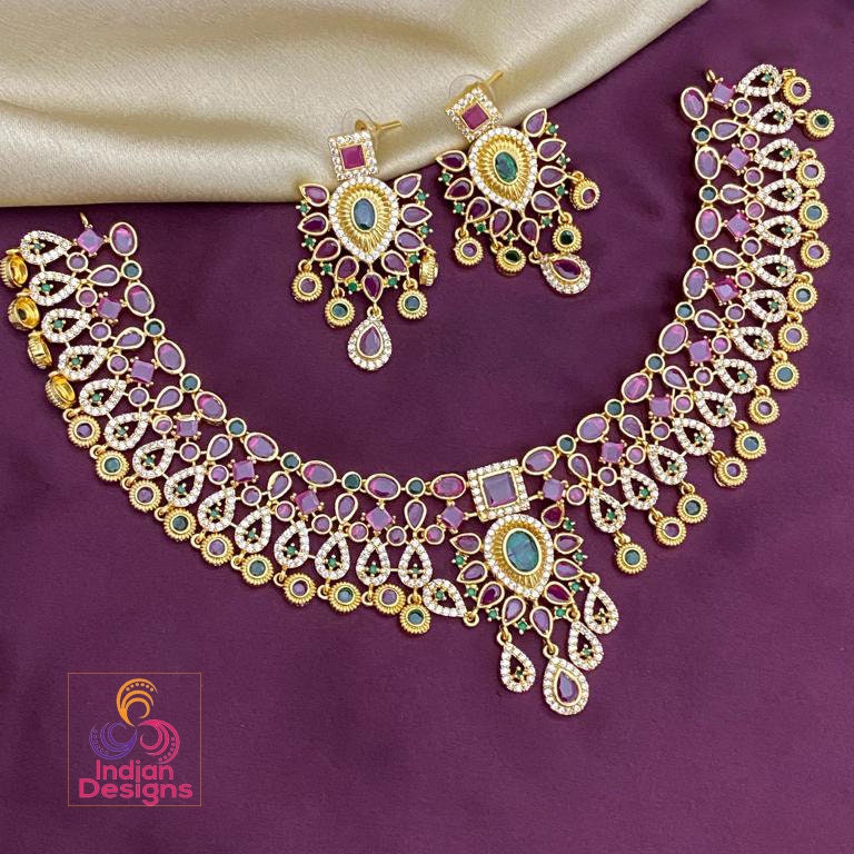 Exclusive South Indian 22K Gold Plated choker necklace designs | Red Green & White real Kemp stone necklace designs | temple bridal jewelry
