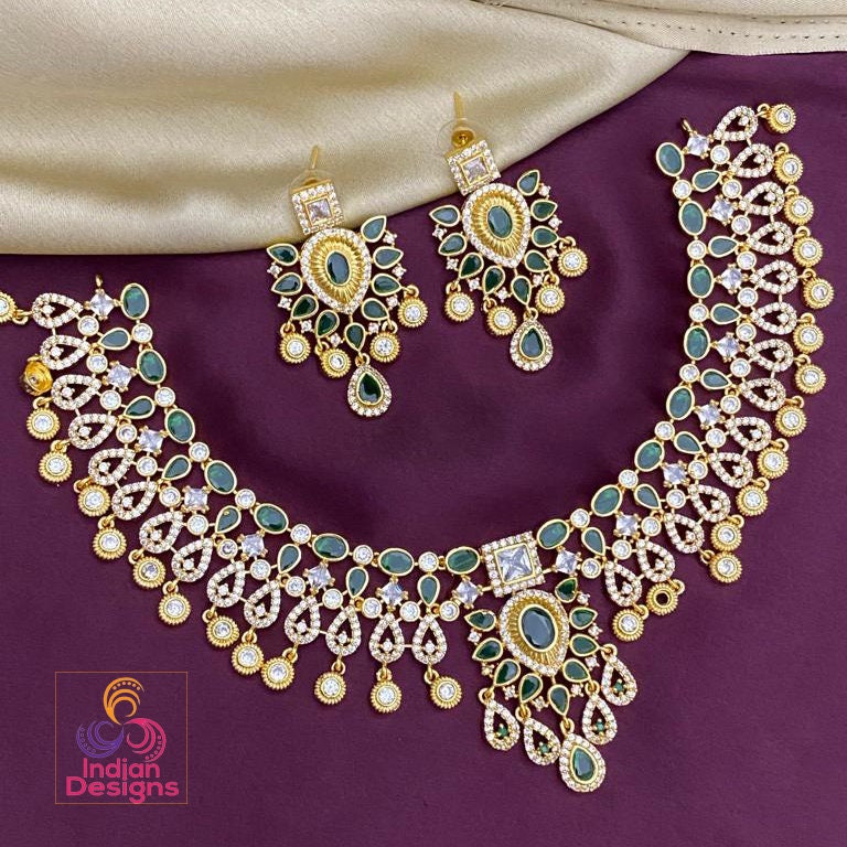 Exclusive South Indian 22K Gold Plated choker necklace designs | Red Green & White real Kemp stone necklace designs | temple bridal jewelry