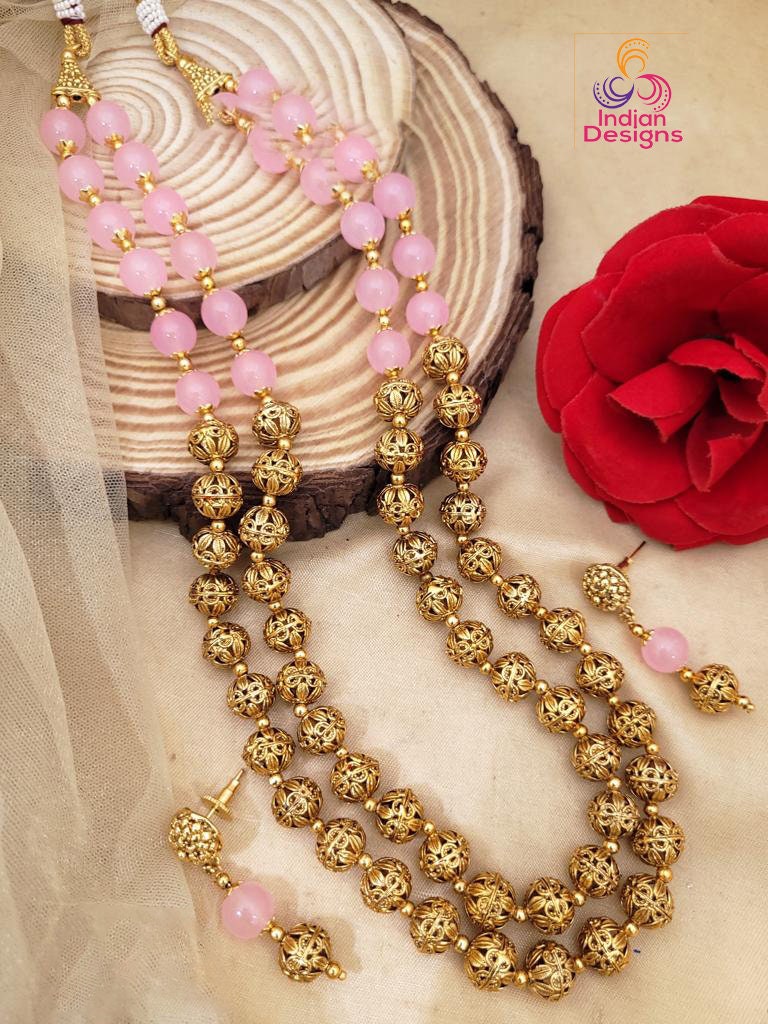Traditional Handcrafted Golden beads Long matar mala Necklace Earring set | 22 Inch Two layer Gold balls chain mala set |South Indian Jewelry