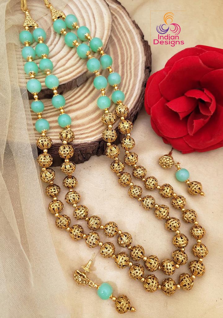 Traditional Handcrafted Golden beads Long matar mala Necklace Earring set | 22 Inch Two layer Gold balls chain mala set |South Indian Jewelry