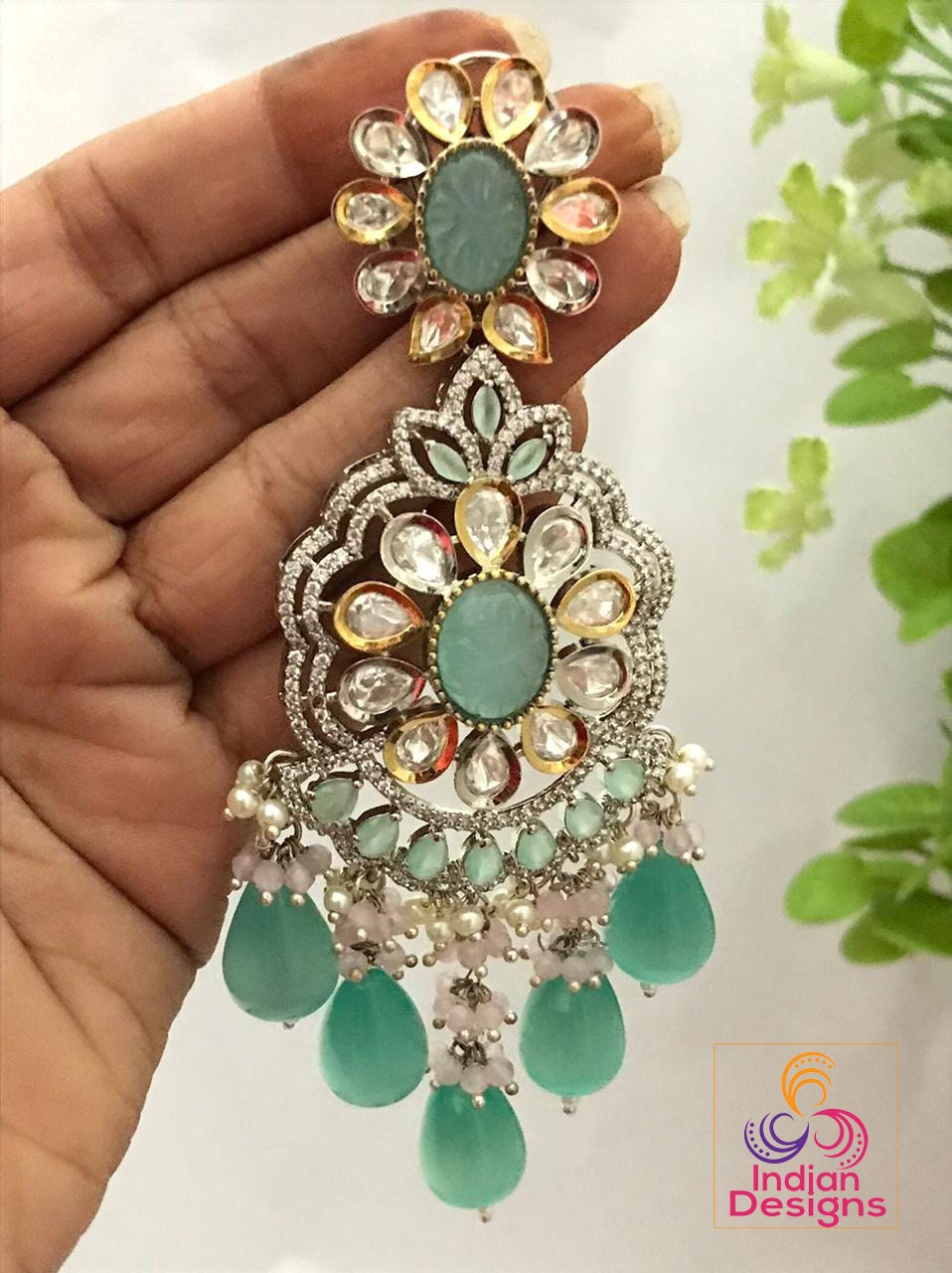 Handmade Real Kundan Wedding Earrings | Bridal Kundan Earring set|American Diamond Large Indian Wedding chandelier earrings|Punjabi Earrings