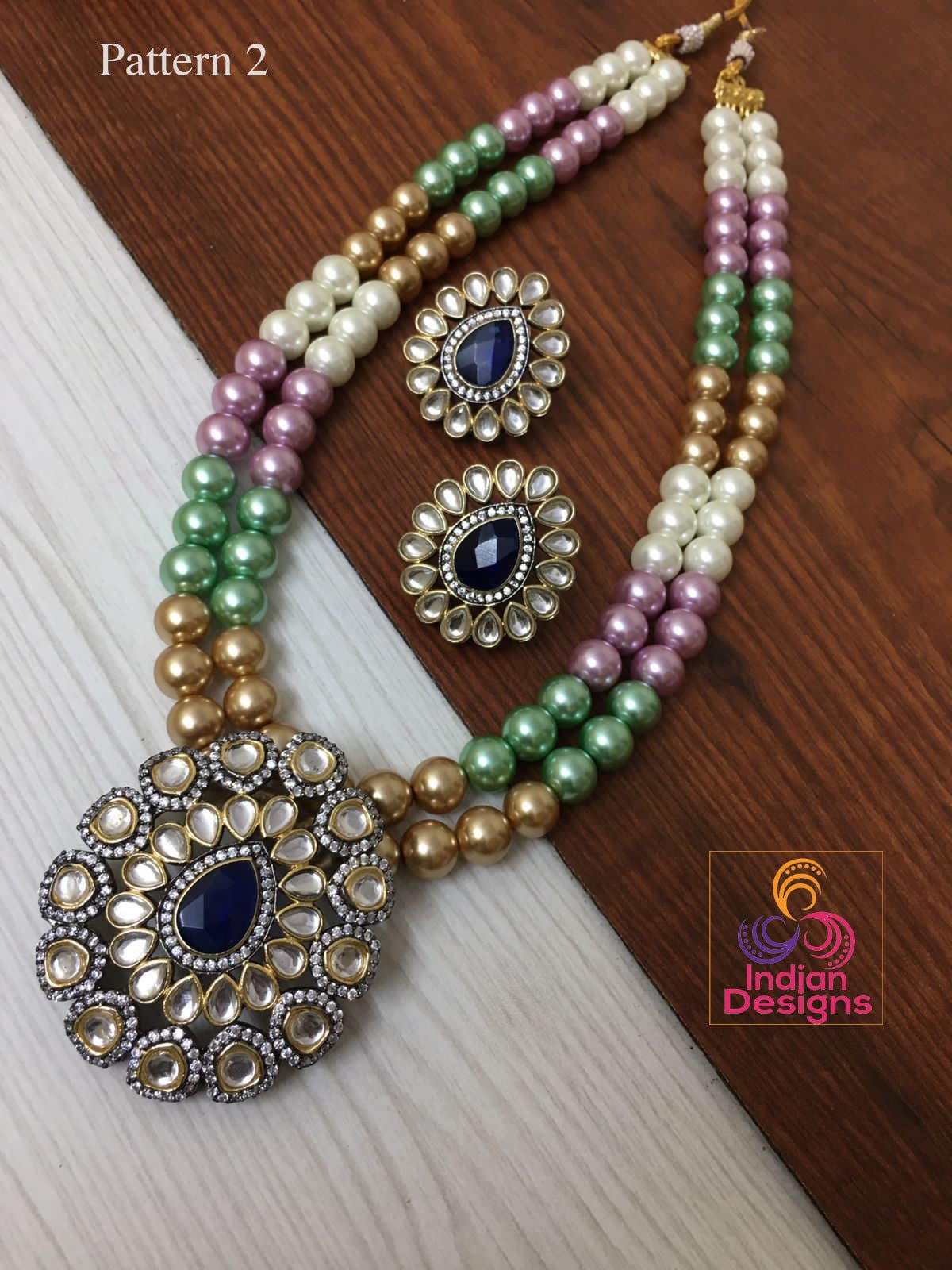 Multi color bead necklace Kundan Pendant Set | American Diamond Kundan Pendant-Blue stone | Multi color beads Antique gold Pendant necklace
