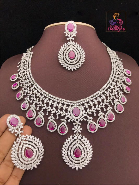Grant American Diamond Wedding Bridal Necklace and Earrings | Teardrop ruby necklace |CZ AD diamond Pear shaped necklace |Statement Necklace