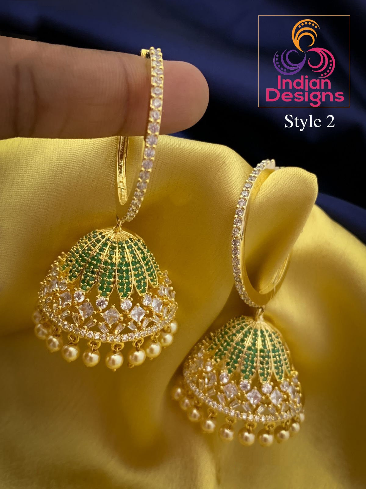 Big Hoop diamond Jhumkas Earrings | Gold hoop earrings with Jhumka | American Diamond Jhumka Jhumki Earrings with Pearl drops